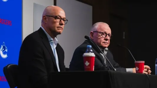 Vancouver Canucks General Manager Patrik Allvin and President of Hockey Operations Jim Rutherford.