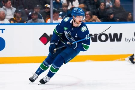 Dec 30, 2025; Vancouver, British Columbia, CAN; Vancouver Canucks forward Elias Pettersson (40) skates against the Philadelphia Flyers in the second period at Rogers Arena.