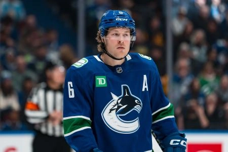 Jan 25, 2026; Vancouver, British Columbia, CAN; Vancouver Canucks forward Brock Boeser (6) during a stop in play against the Pittsburgh Penguins in the first period at Rogers Arena.