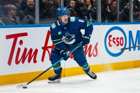 Jan 27, 2026; Vancouver, British Columbia, CAN; Vancouver Canucks forward Conor Garland (8) handles the puck against the San Jose Sharks in the third period at Rogers Arena.