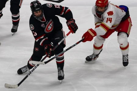 St. Cloud State men's hockey freshman Tyson Gross fends off a defender March 22 in the NCHC Frozen Faceoff semifinal against Denver. The Huskies lost in overtime 5-4.