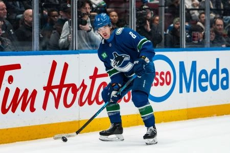 Jan 27, 2026; Vancouver, British Columbia, CAN; Vancouver Canucks forward Conor Garland (8) handles the puck against the San Jose Sharks in the second period at Rogers Arena.