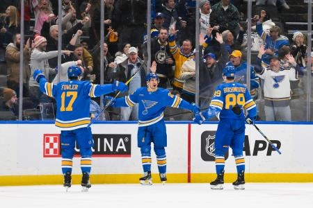 Jan 24, 2026; St. Louis, Missouri, USA; St. Louis Blues right wing Jordan Kyrou (25) reacts after scoring the game tying goal against the Los Angeles Kings during the third period at Enterprise Center.