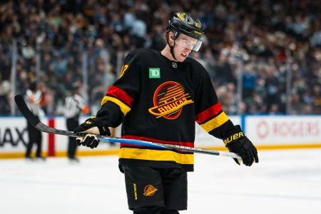 Jan 31, 2026; Vancouver, British Columbia, CAN; Vancouver Canucks forward Jonathan Lekkerimaki (23) during a stop in play against the Toronto Maple Leafs in the second period at Rogers Arena.