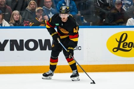 Jan 31, 2026; Vancouver, British Columbia, CAN; Vancouver Canucks forward Elias Pettersson (40) handles the puck against the Toronto Maple Leafs in overtime at Rogers Arena.