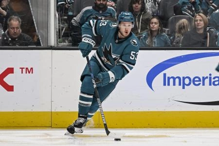 Dec 20, 2025; San Jose, California, USA; San Jose Sharks left wing Jeff Skinner (53) controls the puck against the Seattle Kraken during the third period at SAP Center at San Jose.