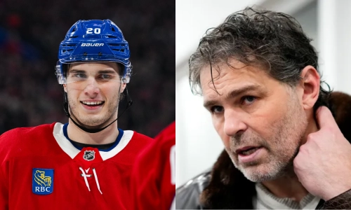 Jan 12, 2026; Montreal, Quebec, CAN; Montreal Canadiens left wing Juraj Slafkovsky (20) looks towards right wing Ivan Demidov (93) against the Vancouver Canucks during the third period at Bell Centre. Jaromir Jagr.