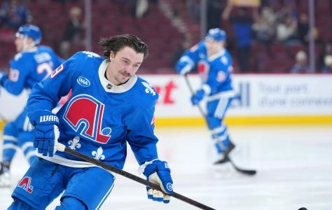 Jan 29, 2026; Montreal, Quebec, CAN; Colorado Avalanche defenseman Samuel Girard (49) skates during the warmup before the game against the Montreal Canadiens at the Bell Centre. Mandatory Credit: Eric Bolte-Imagn Images