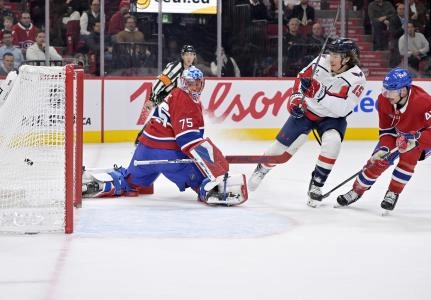 Nov 20, 2025; Montreal, Quebec, CAN; Washington Capitals forward Sonny Milano (15) scores a goal against Montreal Canadiens goalie Jakub Dobes (75) during the second period at the Bell Centre.