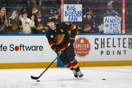 Jan 23, 2026; Vancouver, British Columbia, CAN; Vancouver Canucks forward Brock Boeser (6) skates in warm up prior to a game against the New Jersey Devils at Rogers Arena.