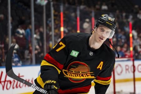 Jan 3, 2026; Vancouver, British Columbia, CAN; Vancouver Canucks defenseman Tyler Myers (57) skates in warm up prior to a game against the Boston Bruins at Rogers Arena.