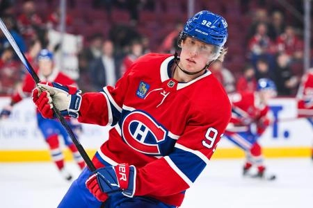Oct 16, 2025; Montreal, Quebec, CAN; Montreal Canadiens right wing Patrik Laine (92) looks on during warm-up before the game against the Nashville Predators at Bell Centre.