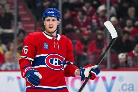 Jan 12, 2026; Montreal, Quebec, CAN; Montreal Canadiens right wing Zachary Bolduc (76) looks on during the first period at Bell Centre.