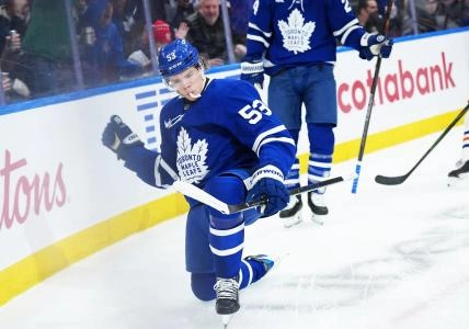 Dec 13, 2025; Toronto, Ontario, CAN; Toronto Maple Leafs right wing Easton Cowan (53) celebrates scoring a goal against the Edmonton Oilers during the first period at Scotiabank Arena. Mandatory Credit: Nick Turchiaro-Imagn Images