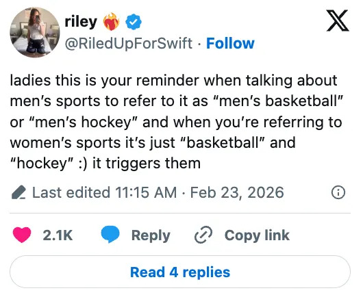 Tweet humorously suggests using "men's" before sports like basketball and hockey, unlike defaulting to "basketball" and "hockey" for women’s sports