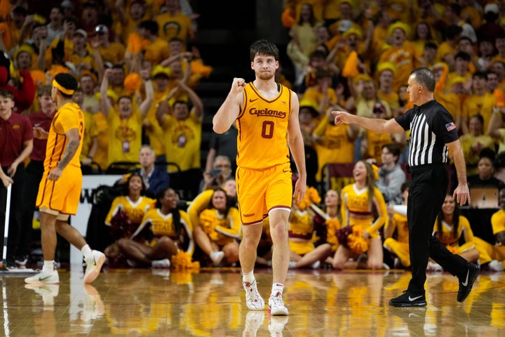 Iowa State's Nate Heise celebrates following the Cyclones' win over Houston on Monday.