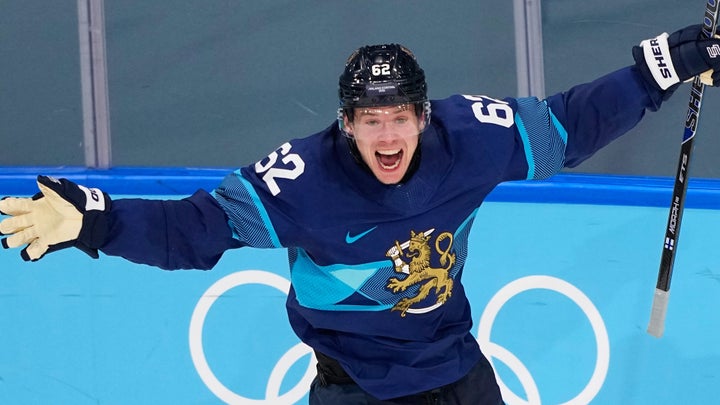 Finland's Artturi Lehkonen (pictured) celebrates after scoring his team's third goal in the quarterfinal game against Switzerland on Wednesday.