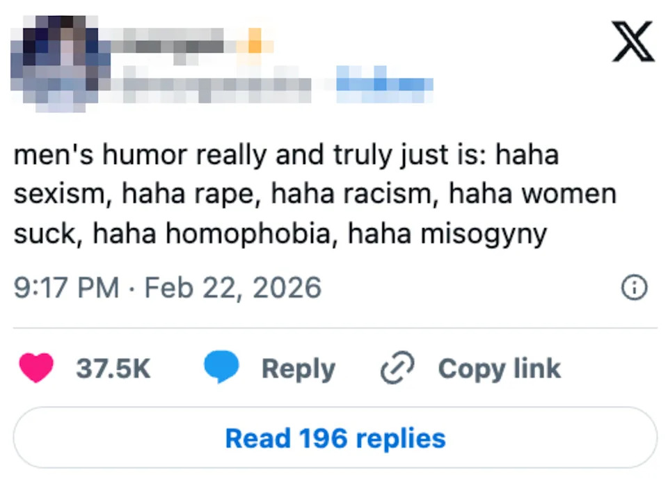 Tweet from user criticizing men's humor as reliant on sexism, racism, and misogyny