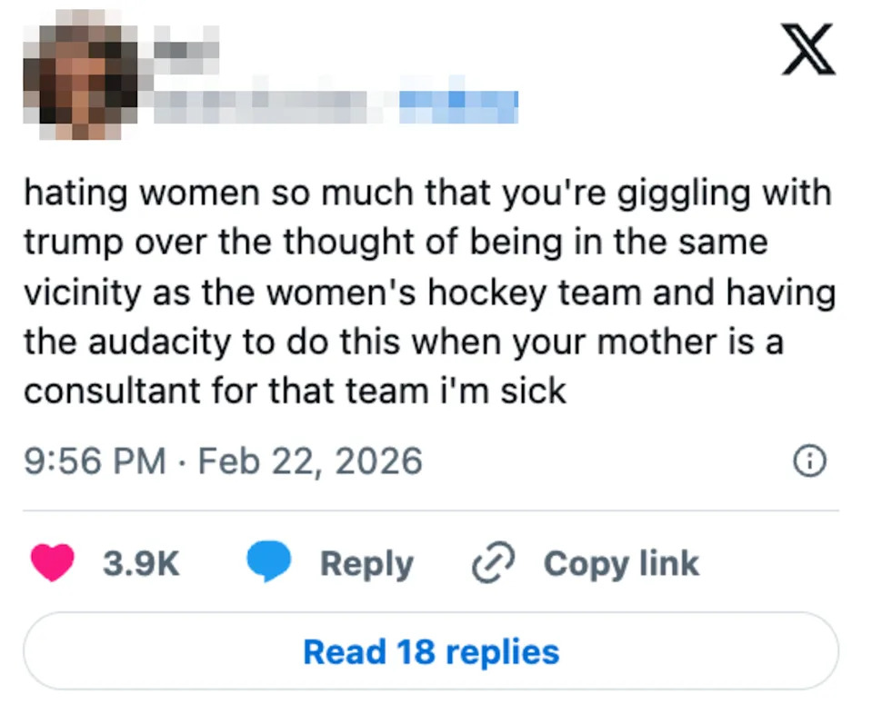 Tweet expressing anger about someone laughing with Trump near a women's hockey team, criticizing their mother's role as a consultant for the team