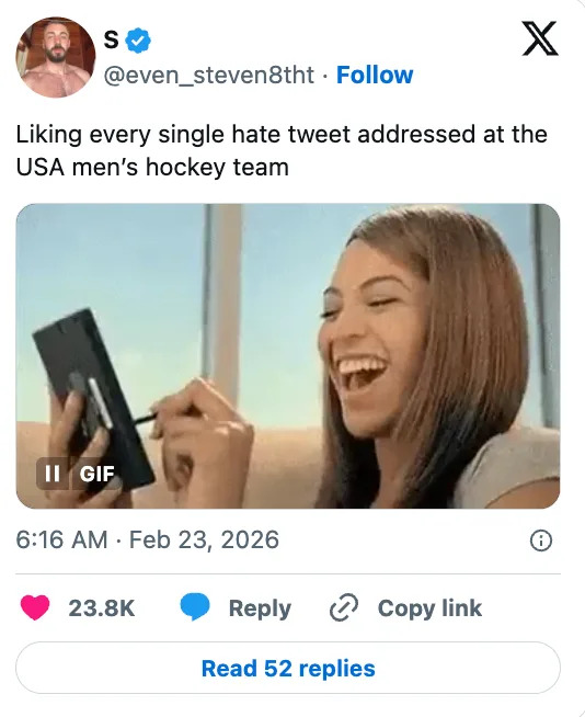 Tweet shows a woman smiling and tapping on a tablet, with the caption about liking hate tweets addressed to the USA men's hockey team