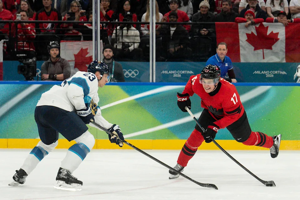 Esa Lindell, Macklin Celebrini during Milano Cortina 2026 Winter Olympics Semi-final Men's Hockey Canada vs Finland match at Milano Santagiulia Ice Hockey Arena in Milan on February 20, 2026 (Photo by Foto Olimpik/NurPhoto via Getty Images)