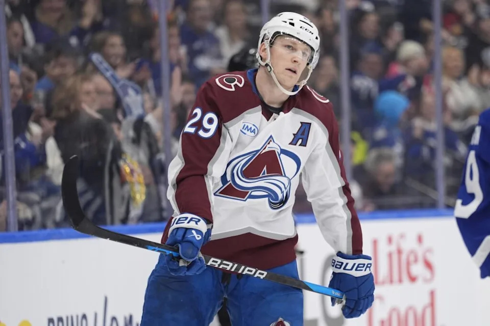 Jan 25, 2026; Toronto, Ontario, CAN; Colorado Avalanche forward Nathan MacKinnon (29) reacts after missing a scoring chance against the Toronto Maple Leafs during the second period at Scotiabank Arena. Mandatory Credit: John E. Sokolowski-Imagn Images
