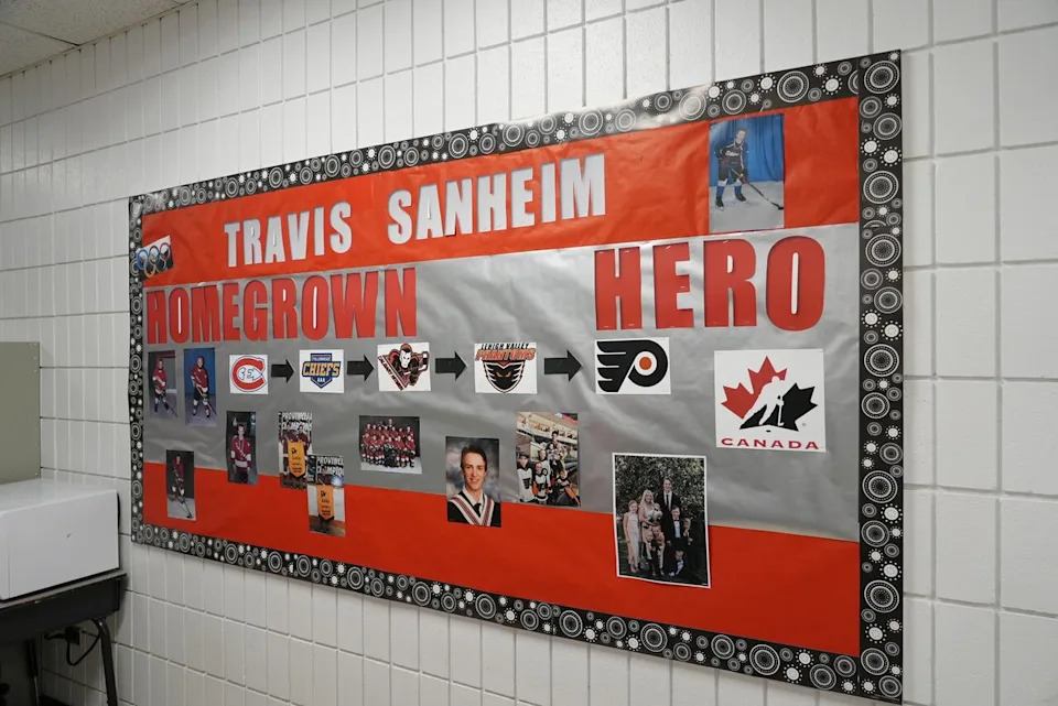 Elementary students at Elkhorn School in western Manitoba have put together a "Homegrown Hero" display charting Travis Sanheim path from pee-wee level hockey to Team Canada. 
