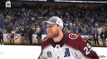 Hockey player on ice, post-Stanley Cup win, wearing team jersey and cap, smiling with fans cheering in the background