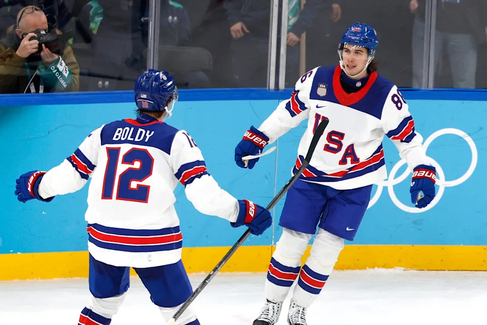 <p>Jack Hughes celebrates scoring with Matt Boldy in a men’s ice hockey game at the 2026 Winter Olympics. Mandatory Credit: David W Cerny/Reuters via Imagn Images</p>