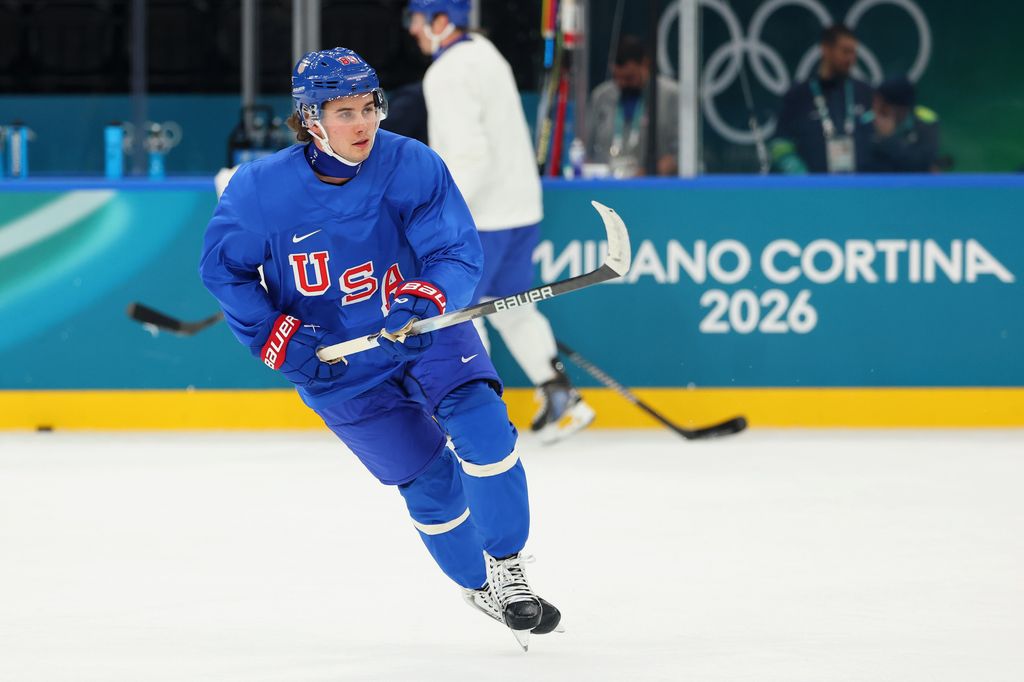 Jack Hughes #86 of Team United States takes part during training on day two of the Milano Cortina 2026 Winter Olympic games at Milano Santagiulia Ice Hockey Arena on February 08, 2026 in Milan, Italy. (Photo by Gregory Shamus/Getty Images)