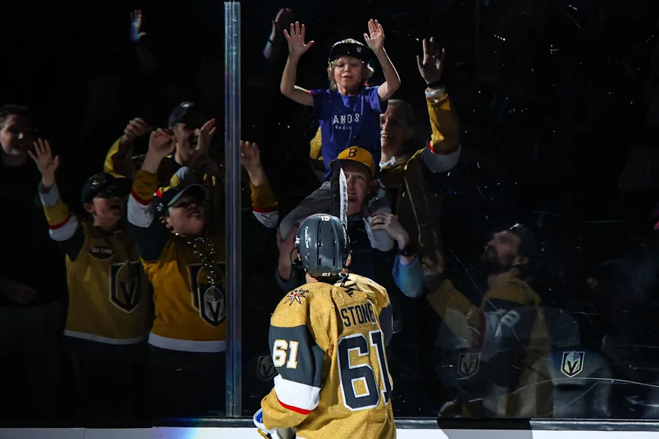 Vegas Golden Knights F Mark Stone (61) looks to give the three stars sword to a fan after an NHL game against the Los Angeles Kings on Thursday February 5, 2026, in Las Vegas, Nevada. 