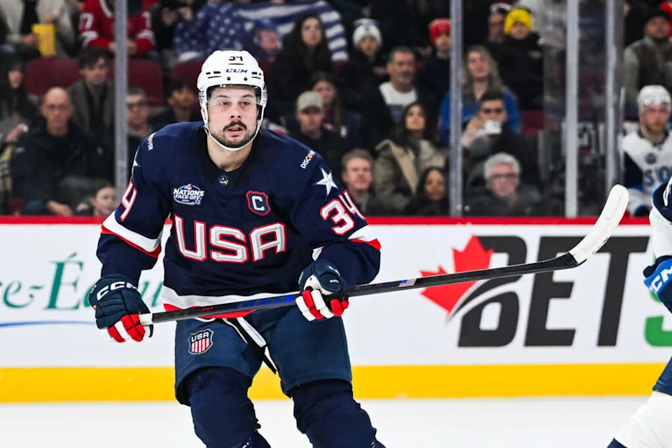 Feb 13, 2025; Montreal, Quebec, CAN; [Imagn Images direct customers only] Team USA forward Auston Matthews (34) looks on against Team Finland in the first period during a 4 Nations Face-Off ice hockey game at Bell Centre. Mandatory Credit: David Kirouac-Imagn Images