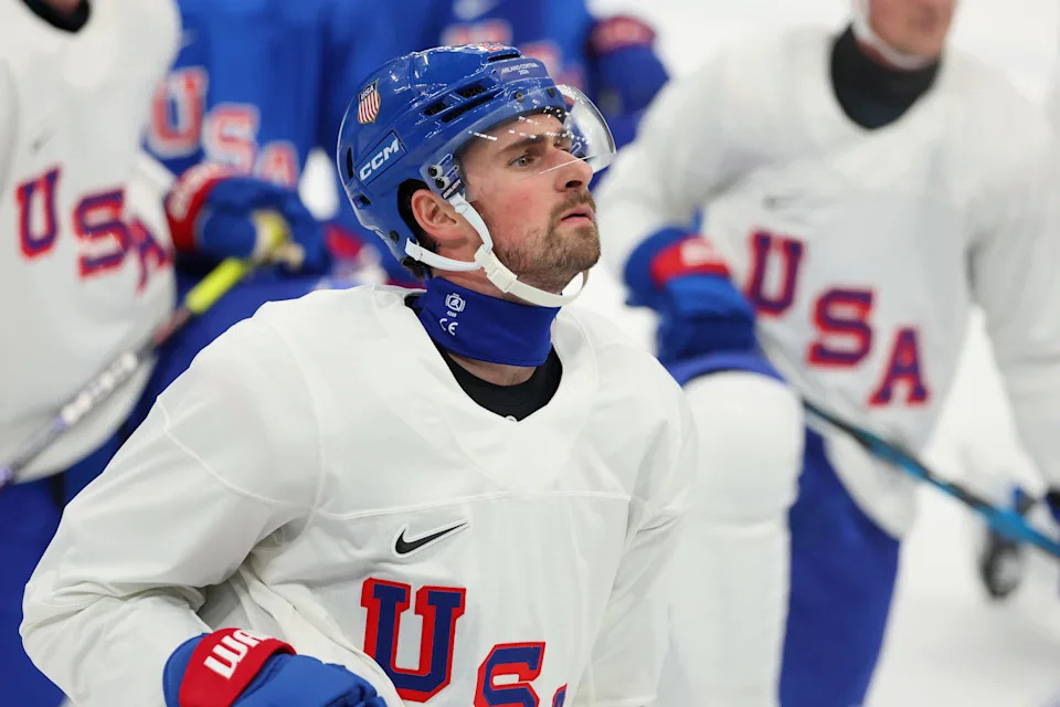 Dylan Larkin of Team USA takes part during training on Day 2 of the Milano Cortina 2026 Winter Olympic games at Milano Santagiulia Ice Hockey Arena on Feb. 8, 2026 in Milan.