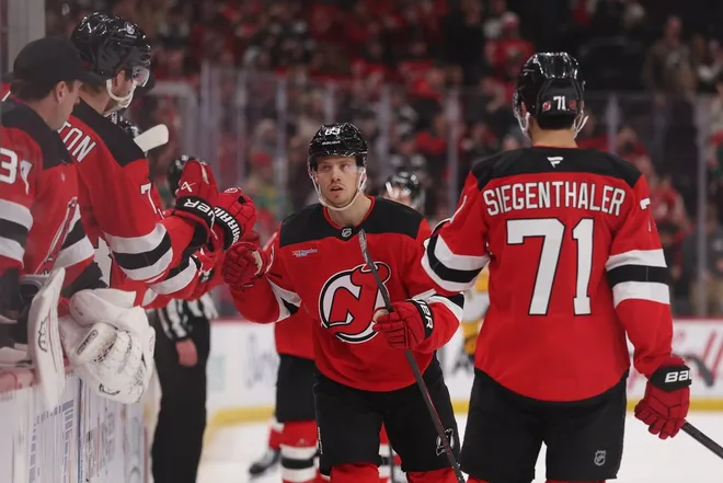 Jan 29, 2026; Newark, New Jersey, USA; New Jersey Devils left wing Jesper Bratt (63) celebrates his goal against the Nashville Predators during the third period at Prudential Center.