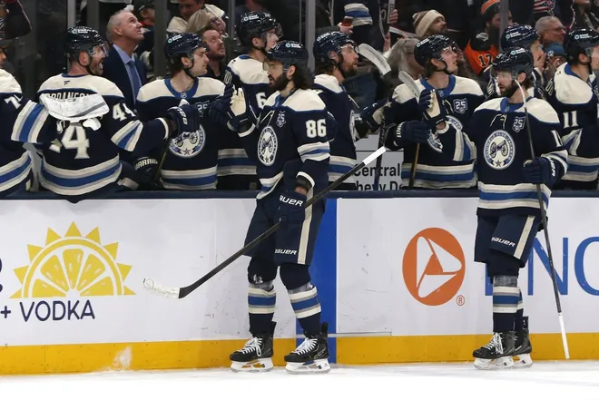 Jan 28, 2026; Columbus, Ohio, USA; Columbus Blue Jackets right wing Kirill Marchenko (86) celebrates his goal against the Philadelphia Flyers during the first period at Nationwide Arena.