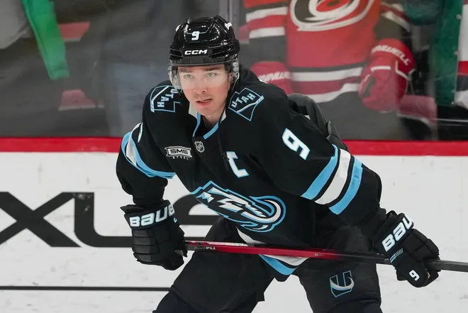 Jan 29, 2026; Raleigh, North Carolina, USA; Utah Mammoth right wing Clayton Keller (9) looks on during the warmups before the game against the Carolina Hurricanes at Lenovo Center.