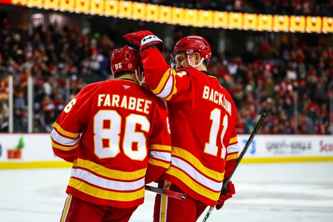 Jan 31, 2026; Calgary, Alberta, CAN; Calgary Flames left wing Joel Farabee (86) celebrates his goal with center Mikael Backlund (11) during the third period against the San Jose Sharks at Scotiabank Saddledome.
