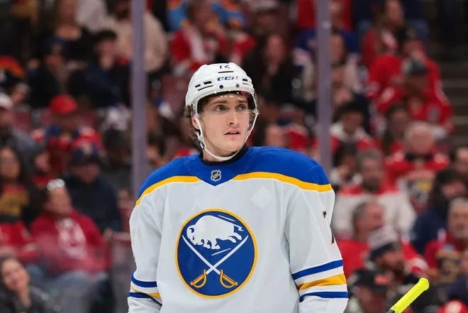 Feb 2, 2026; Sunrise, Florida, USA; Buffalo Sabres center Tage Thompson (72) looks on against the Florida Panthers during the third period at Amerant Bank Arena.