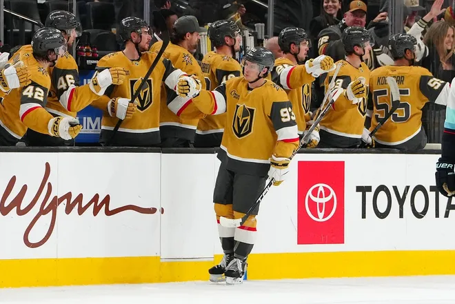 Jan 31, 2026; Las Vegas, Nevada, USA; Vegas Golden Knights right wing Mitch Marner (93) celebrates after scoring a goal against the Seattle Kraken during the second period at T-Mobile Arena.