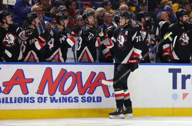 Feb 5, 2026; Buffalo, New York, USA; Buffalo Sabres center Tage Thompson (72) celebrates his goal with teammates during the third period against the Pittsburgh Penguins at KeyBank Center.
