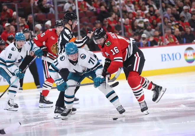 Feb 2, 2026; Chicago, Illinois, USA; San Jose Sharks center Macklin Celebrini (71) and Chicago Blackhawks center Jason Dickinson (16) battle for control of the puck during the third period at United Center.
