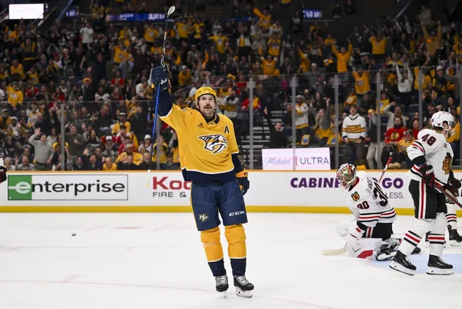 Feb 26, 2026; Nashville, Tennessee, USA; Nashville Predators left wing Filip Forsberg (9) celebrates scoring a goal against the Chicago Blackhawks during the first period at Bridgestone Arena.