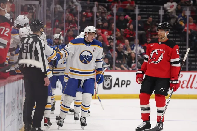 Feb 25, 2026; Newark, New Jersey, USA; Buffalo Sabres center Tage Thompson (72) celebrates his goal against the New Jersey Devils during the second period at Prudential Center.