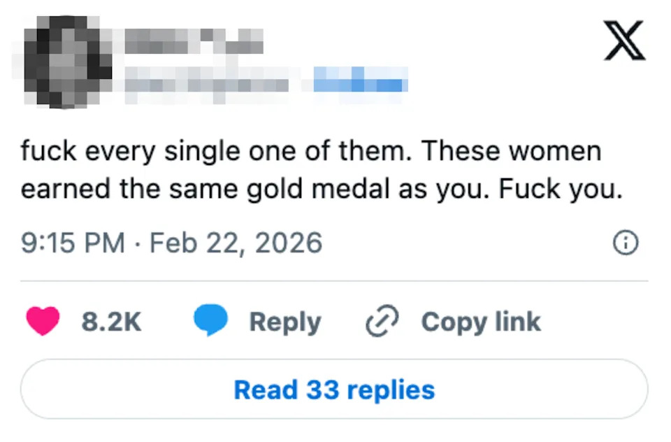 A tweet by a user expressing strong disapproval of criticism towards female gold medalists