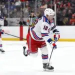 New York Rangers left wing Artemi Panarin (10) shoots the puck during the third period against the Anaheim Ducks at Honda Center on Jan 19, 2026.