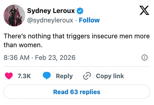 Tweet by Sydney Leroux reads: "There's nothing that triggers insecure men more than women."