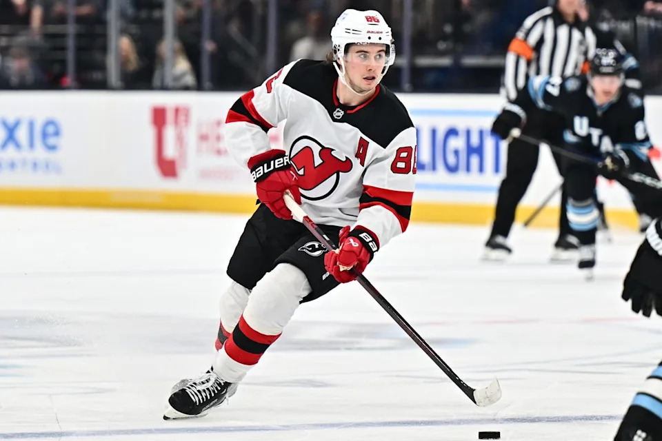 Jack Hughes #86 of the New Jersey Devils during an NHL game on March 01, 2025 in Salt Lake City, Utah. Jamie Sabau/NHLI via Getty