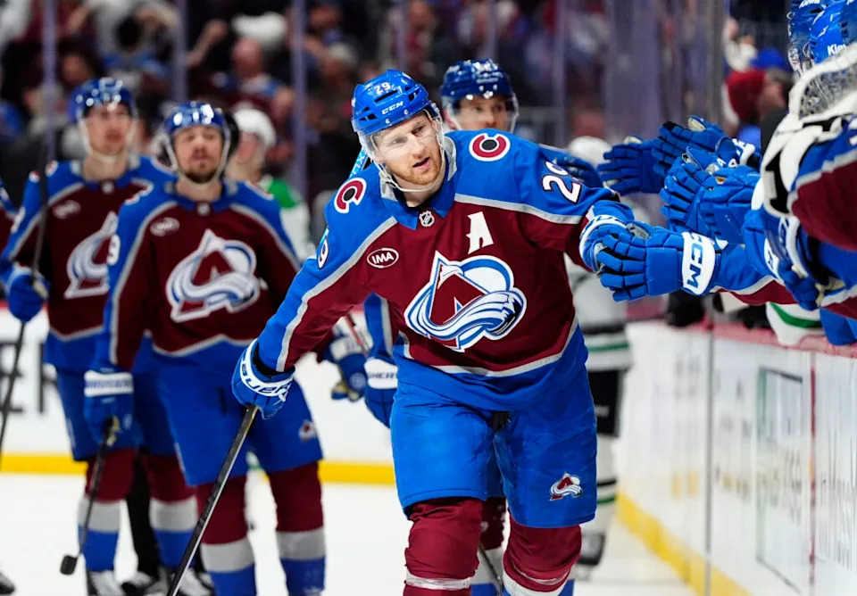May 1, 2025; Denver, Colorado, USA; Colorado Avalanche center Nathan MacKinnon (29) celebrates his go ahead goal in the third period against the Dallas Stars in game six of the first round of the 2025 Stanley Cup Playoffs at Ball Arena. Mandatory Credit: Ron Chenoy-Imagn Images