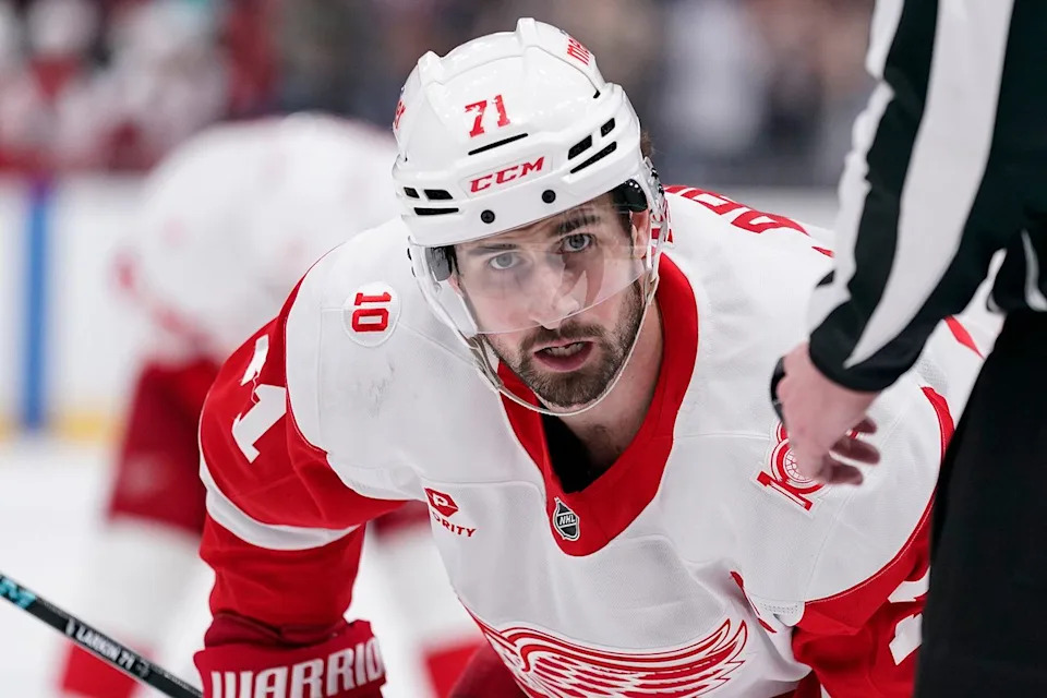 Dylan Larkin on the ice during a hockey game wearing a Red Wings jersey Aaron Baker/Icon Sportswire via Getty 