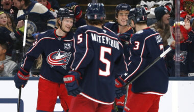 Feb 4, 2026; Columbus, Ohio, USA; Columbus Blue Jackets defenseman Danton Heinen (43) celebrates his goal against the Chicago Blackhawks during the second period at Nationwide Arena.